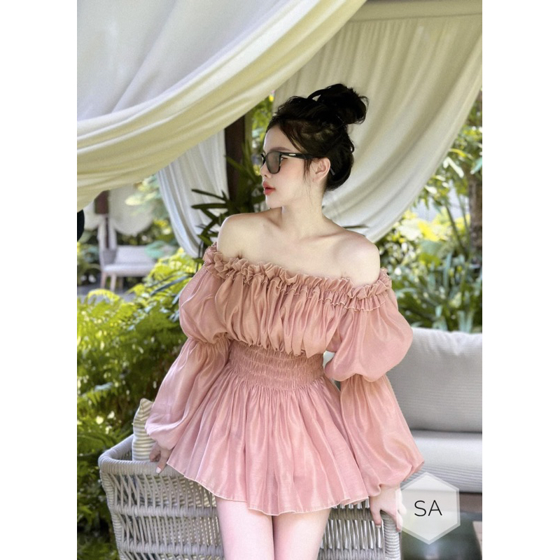 Sét áo tơ bèo trễ vai phối quần tacta siêu xinh
