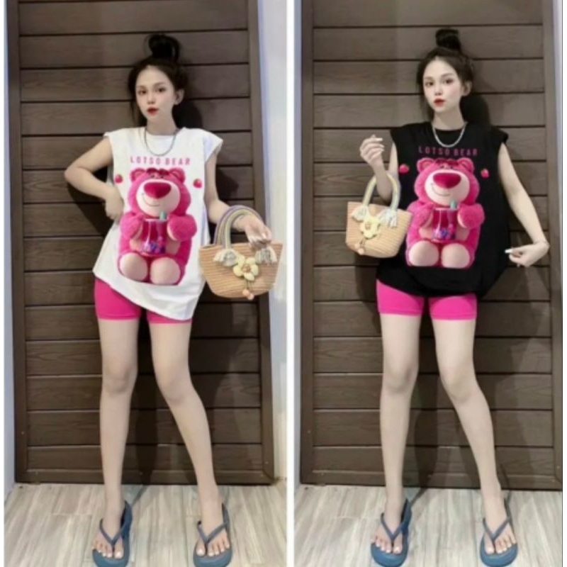 Bộ tay hến bé gái hình gấu tim chất cotton mịn mát co dãn 20-45kg