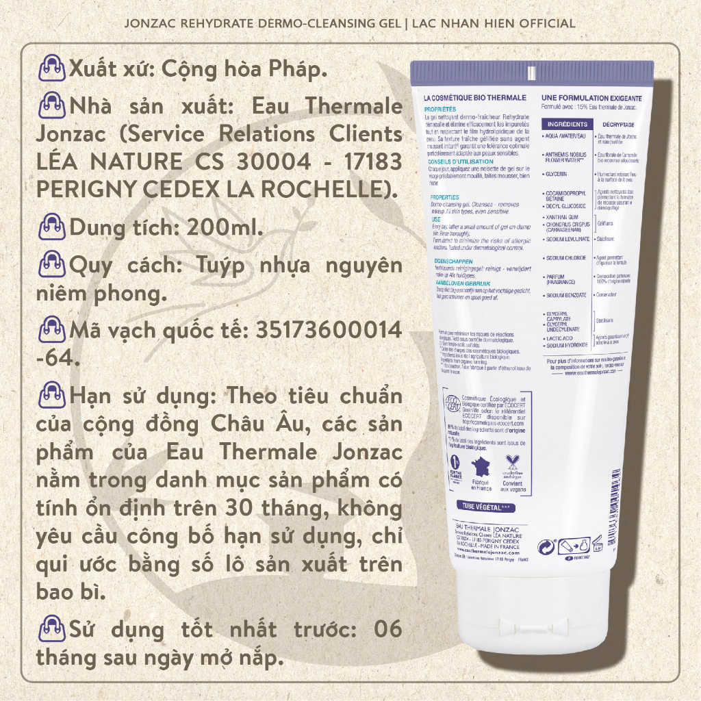 [Auth Pháp] SỮA RỬA MẶT THUẦN CHAY HỮU CƠ JONZAC REHYDRATE DERMO-CLEANSING GEL BỔ SUNG ĐỘ ẨM CHO DA NHẠY CẢM