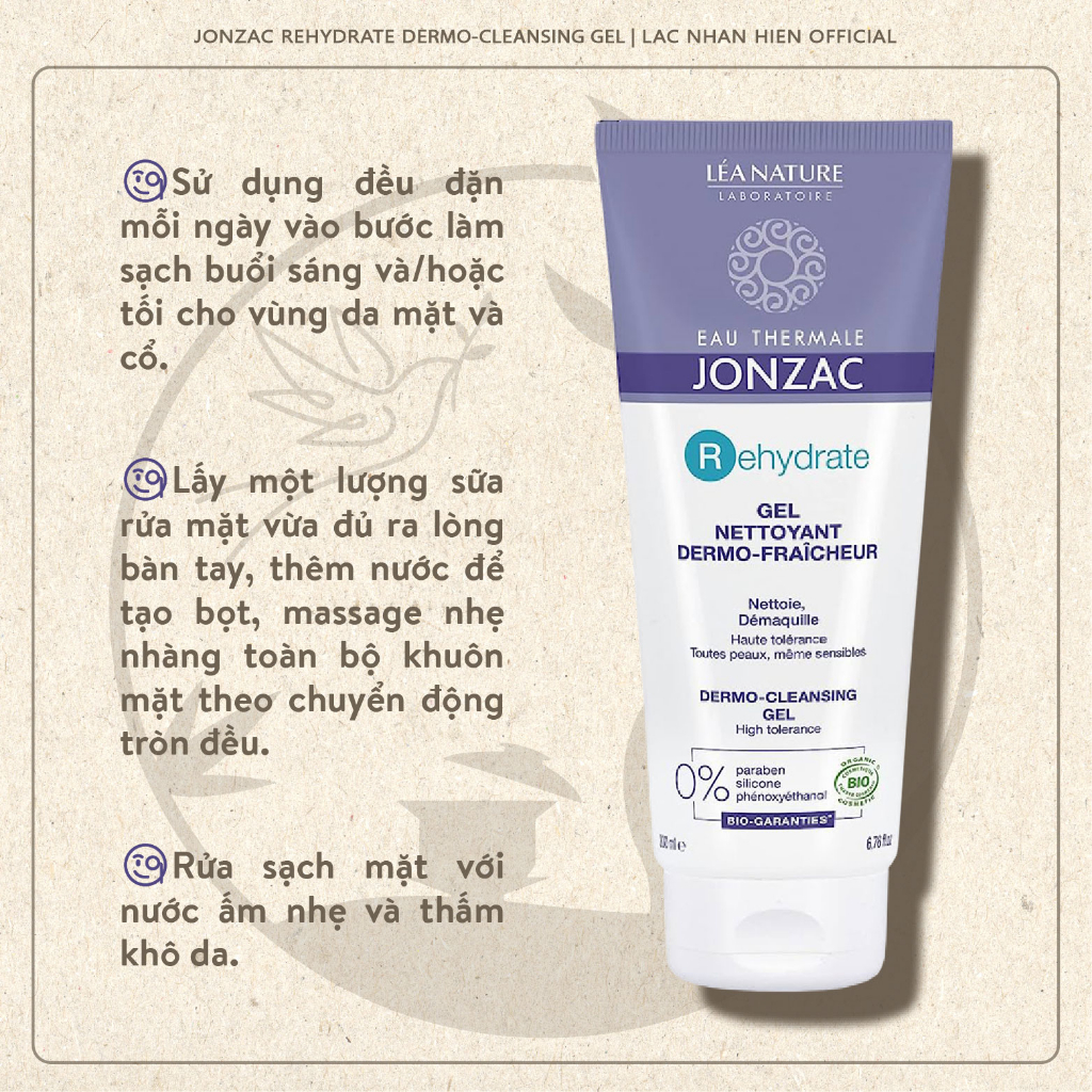 [Auth Pháp] SỮA RỬA MẶT THUẦN CHAY HỮU CƠ JONZAC REHYDRATE DERMO-CLEANSING GEL BỔ SUNG ĐỘ ẨM CHO DA NHẠY CẢM