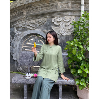Đồ lam đi chùa - Bộ Linen lỡ cổ trụ phối quần -
