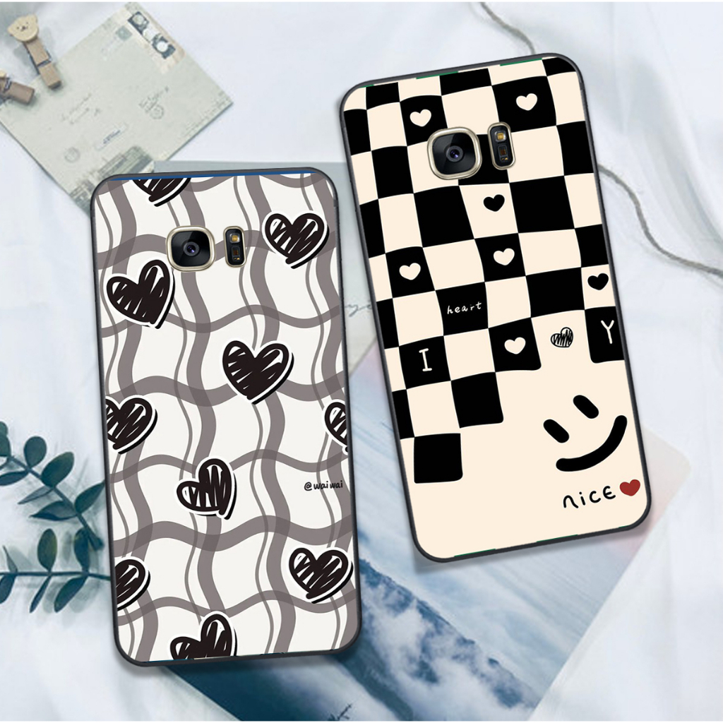 Ốp Samsung S6 / S6 Edge / S7 Edge / Note 5 / S7 in hình họa tiết kẻ caro mặt cười trái tim đẹp hot trend