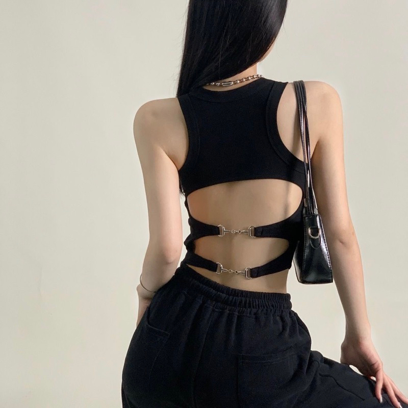 Áo yếm ba lỗ hở lưng thiết kế dây xích bao ngầu cháy phố Âu Mỹ đi biển bikini du lịch dạo phố đen trắng