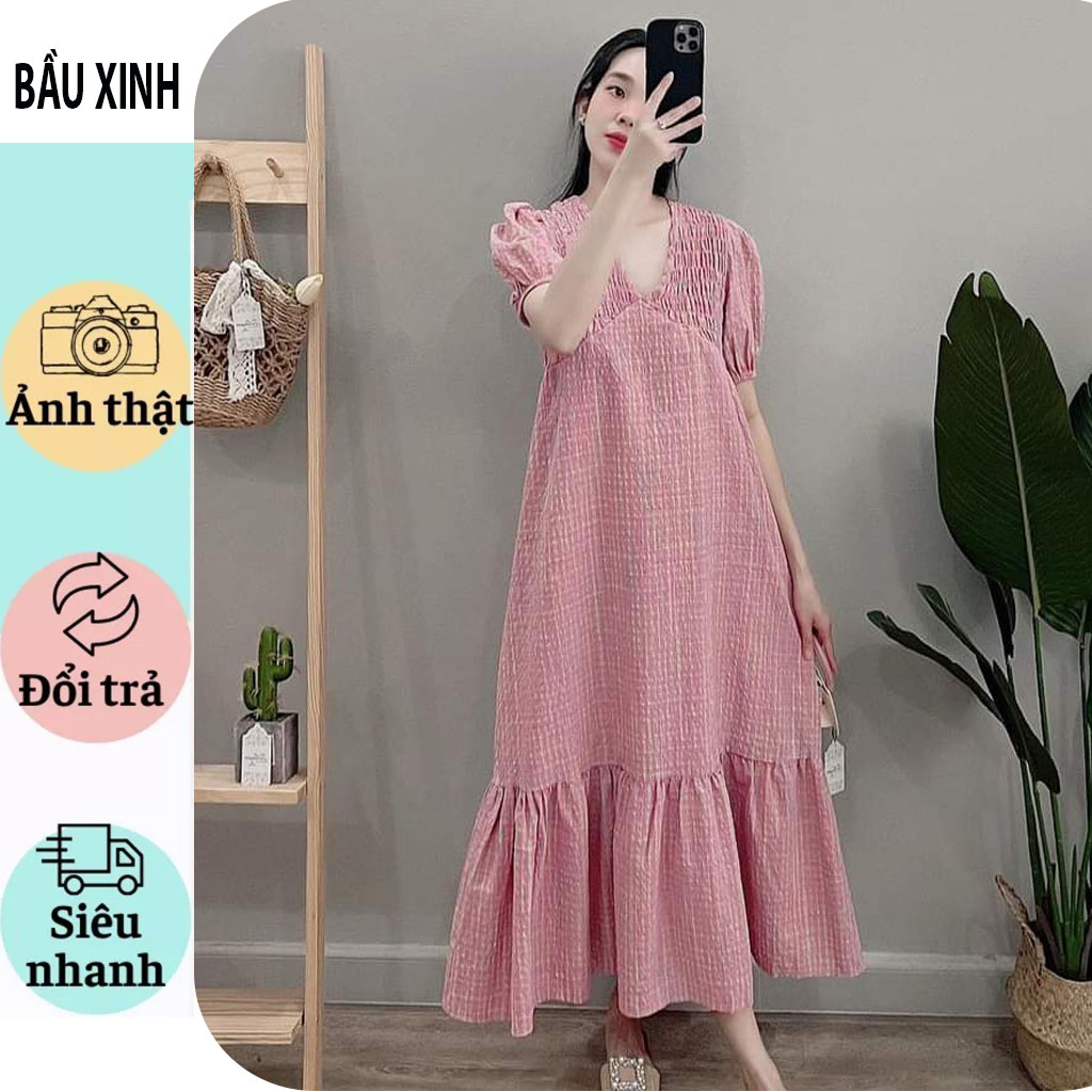 [V373 Bầu Xiinh] Váy Đầm Bầu Công Sở Dự Tiệc - Váy Bầu Thiết Kế Cổ Tim Chun Ngực Babaydoll Đuôi Cá Kẻ Hồng Cầu Vồng Hot