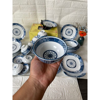 Lẻ bộ bát hoa cúc chuẩn gốm sứ Bát Tràng bát cơm, đĩa muối,chấm