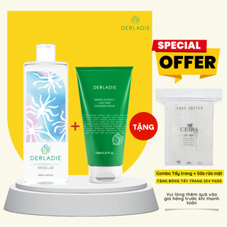 Combo Derladie Nước tẩy trang 500ml & Sữa rửa mặt Tràm trà 150ml tặng Bông tẩy trang 234pads