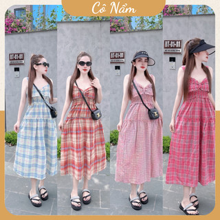 Váy 2 dây nữ váy đầm 2 dây bản to dúm ngực nơ kẻ caro đi chơi đi biển