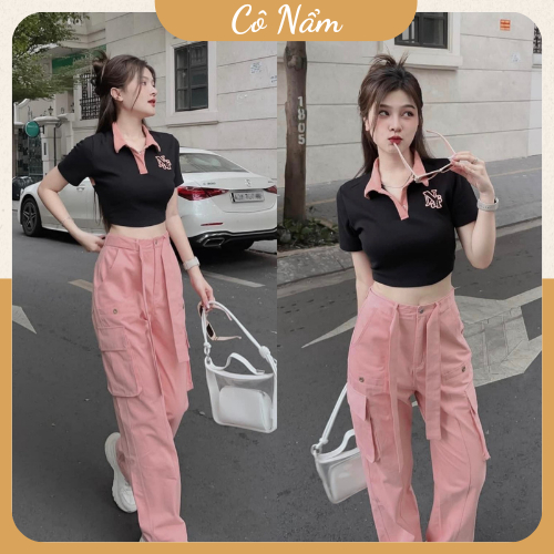 Set Bộ Quần Dài Áo Croptop Ngắn Tay Cổ Bẻ Phối Hồng Mix Quần Suông Ống Rộng Túi Hộp Thắt Đai Phong Cách