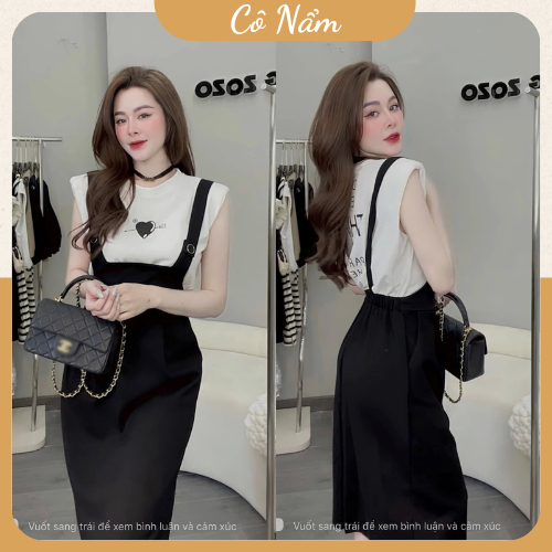 Set Váy Yếm Vải Dáng Dài Túi 2 Bên Kèm Áo Phông Trắng Tay Hến Freesize