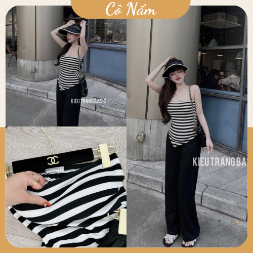 Set Bộ Đồ Nữ Áo Quây Yếm Kẻ Ngang Có Đệm Ngực Chun Lưng Ôm Dáng Mix Quần Suông Ống Rộng Hot Hit Freesize