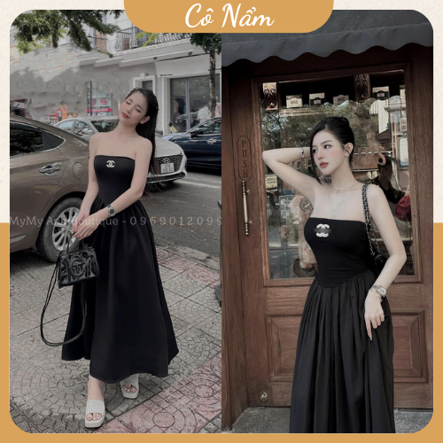Váy Cúp Ngực Nữ Có Đệm Ngực Thêu Logo Chanen Nổi Phối Màu Dáng Dài Đầm Nữ Cúp Ngực Chân Váy Dáng Xoè Freesize