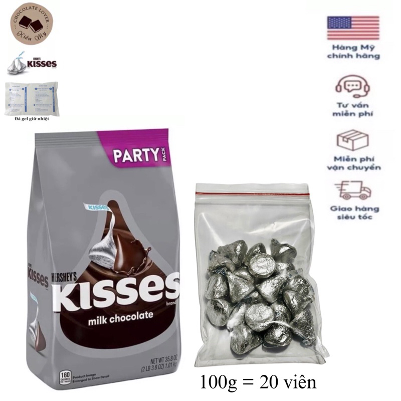 [Có đá gel giữ nhiệt] Tách lẻ kẹo socola Mỹ Hershey's Kisses vị sữa túi 100g