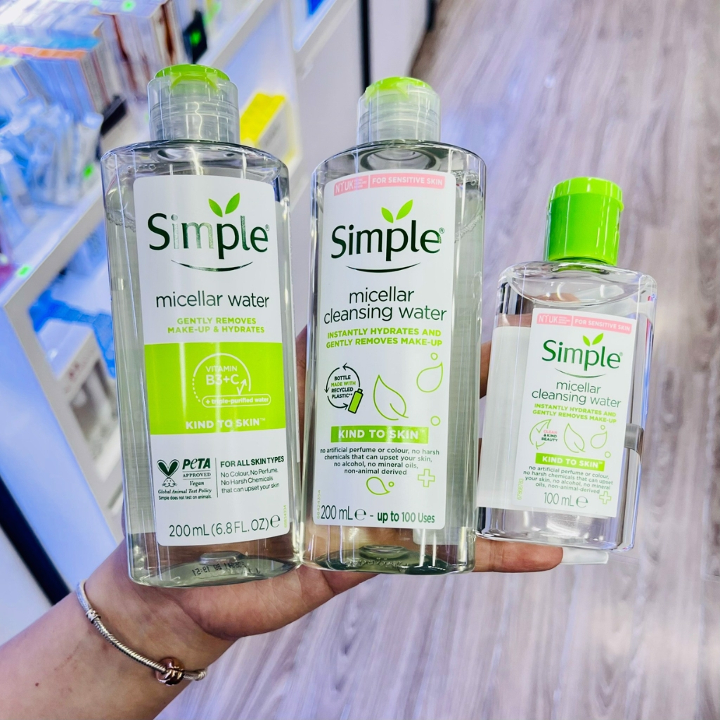 Nước Tẩy Trang Simple Micellar Cleansing Water 200 - 400ml làm sạch 99% trang điểm, cho da thoáng mịn
