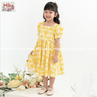Đầm Bé Gái MIKA tay bồng dáng babydoll mặc đi học, Váy hoa nhí cho bé gái từ 2 đến 8 tuổi chất liệu thô mát mẻ