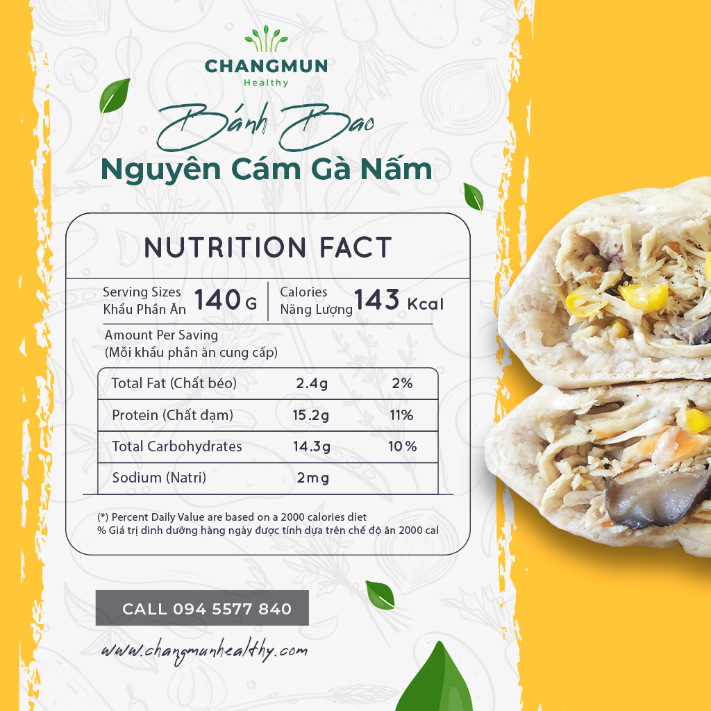 Bánh bao nguyên cám gà nấm CHANGMUN Healthy dành cho người ăn kiêng Eat Clean