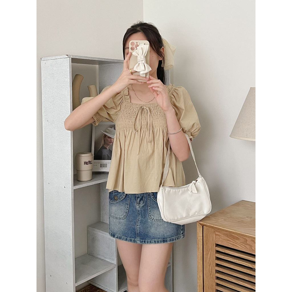 Áo babydoll croptop cổ vuông tay phồng bo chun ngực đính nơ phối viền vai cách điệu tiểu thư nhẹ nhàng A8679 - CHAKOVET