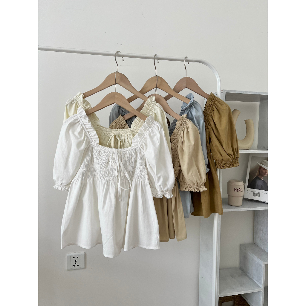 Áo babydoll croptop cổ vuông tay phồng bo chun ngực đính nơ phối viền vai cách điệu tiểu thư nhẹ nhàng A8679 - CHAKOVET