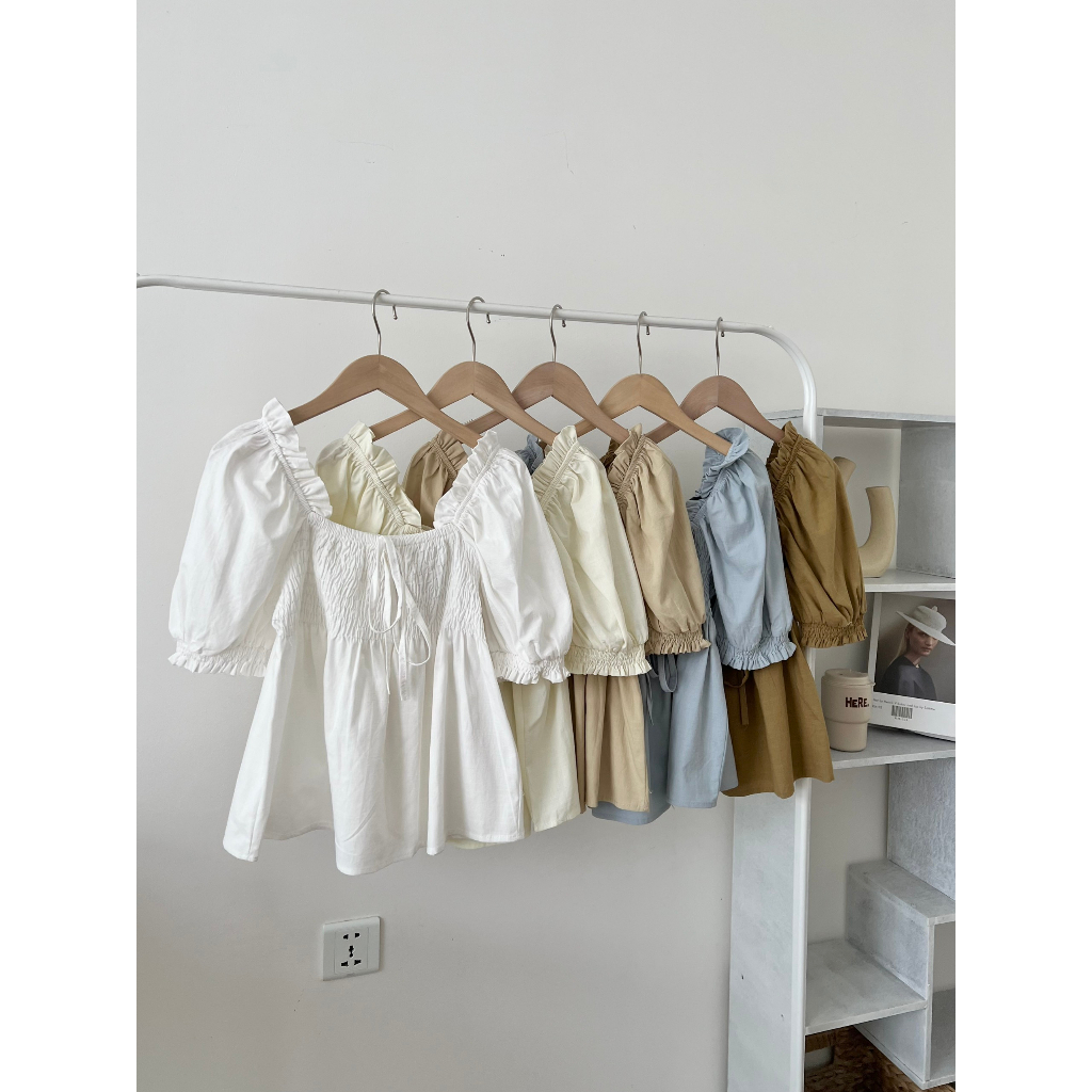 Áo babydoll croptop cổ vuông tay phồng bo chun ngực đính nơ phối viền vai cách điệu tiểu thư nhẹ nhàng A8679 - CHAKOVET