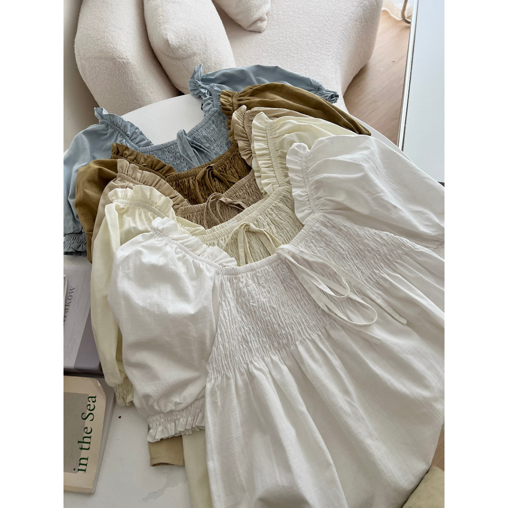 Áo babydoll croptop cổ vuông tay phồng bo chun ngực đính nơ phối viền vai cách điệu tiểu thư nhẹ nhàng A8679 - CHAKOVET