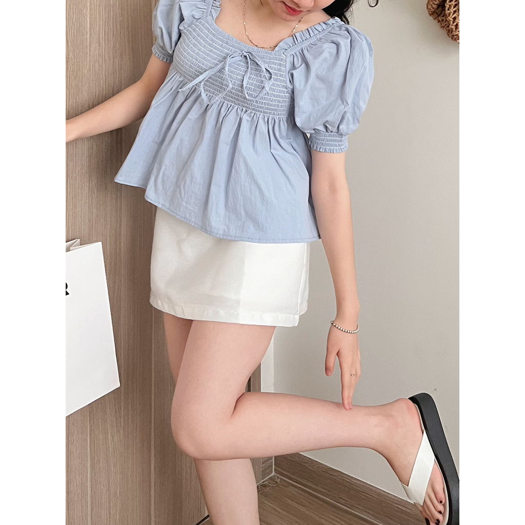 Áo babydoll croptop cổ vuông tay phồng bo chun ngực đính nơ phối viền vai cách điệu tiểu thư nhẹ nhàng A8679 - CHAKOVET