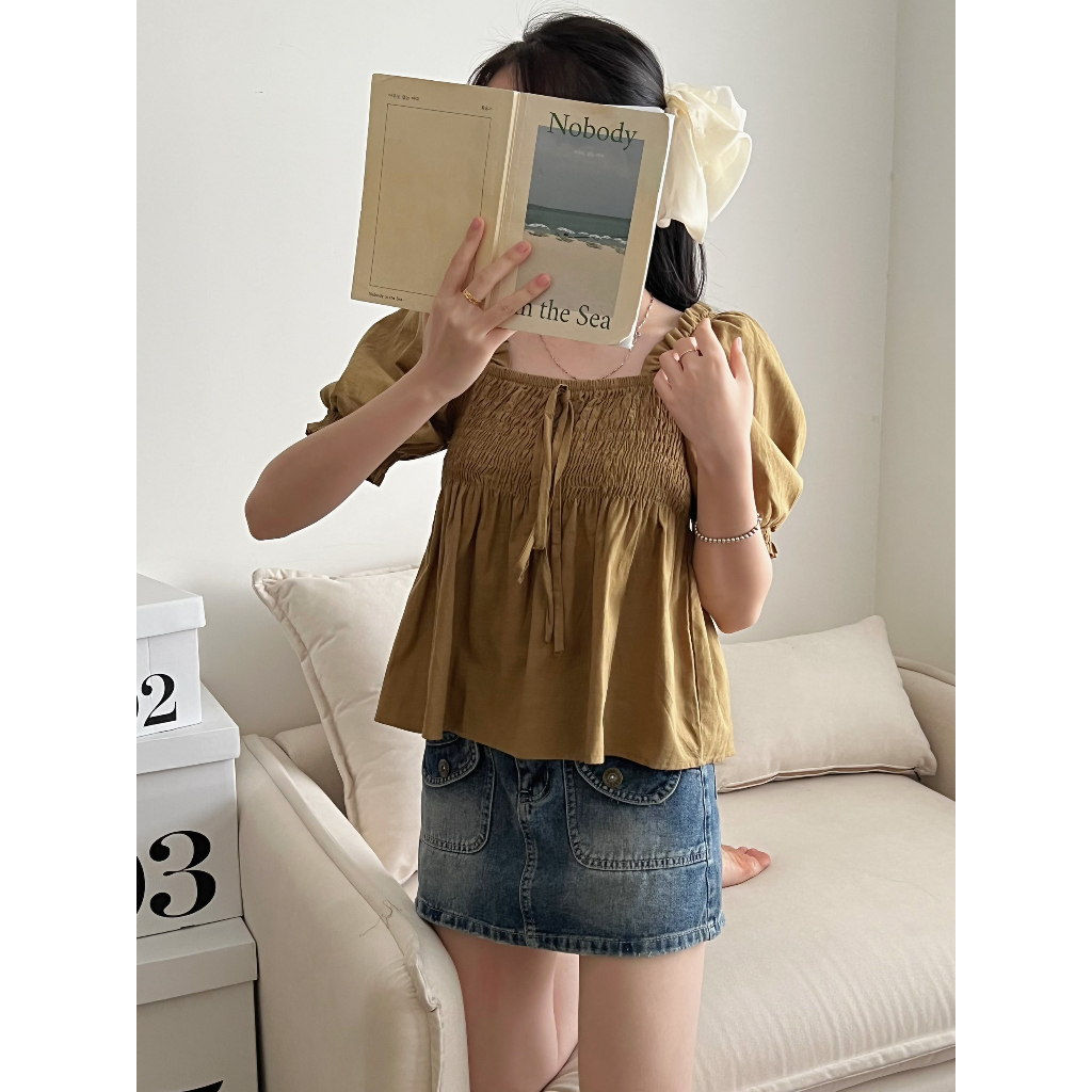 Áo babydoll croptop cổ vuông tay phồng bo chun ngực đính nơ phối viền vai cách điệu tiểu thư nhẹ nhàng A8679 - CHAKOVET