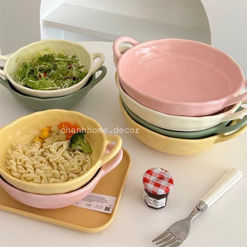 Dĩa gốm sứ ăn cơm màu pastel có tay cầm 2 quai, tô đựng đồ ăn ngũ cốc nhiều màu, bát ăn nhà bếp |Chanhhome.decor|