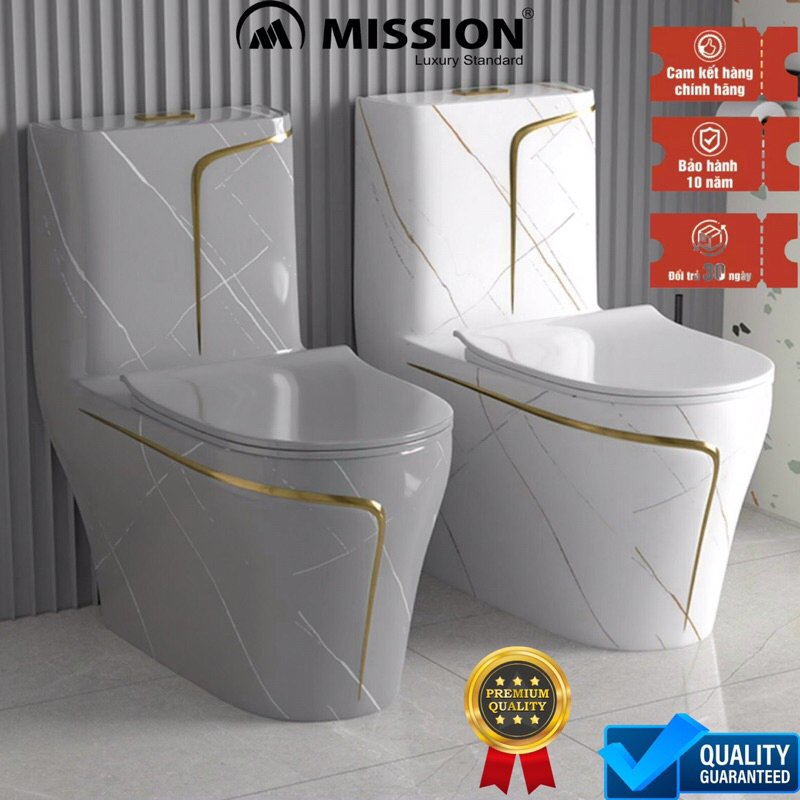 Bồn cầu liền khối màu xám sang trọng cao cấp nắp êm men trắng tuyết nano siêu bền chống bám bẩn MISSION
