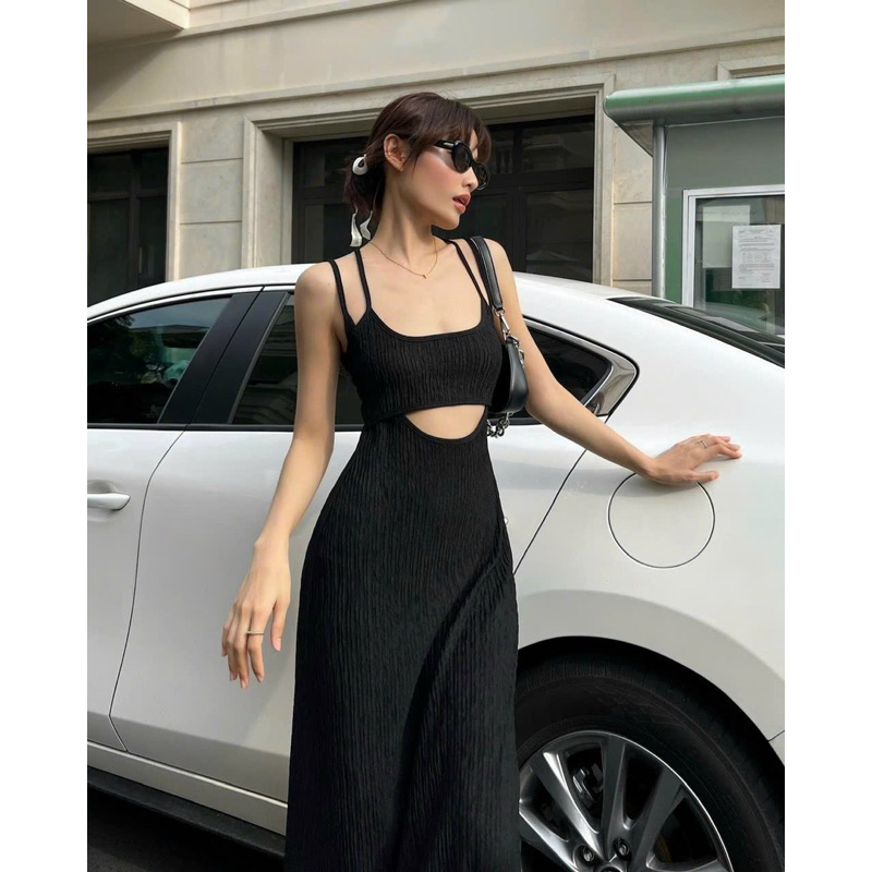 Đầm Body Hai Dây Hở Bụng TIBU Váy Nữ Khoét Eo Dáng Dài Chất Xốp Mịn Co Dãn Lạ Mắt