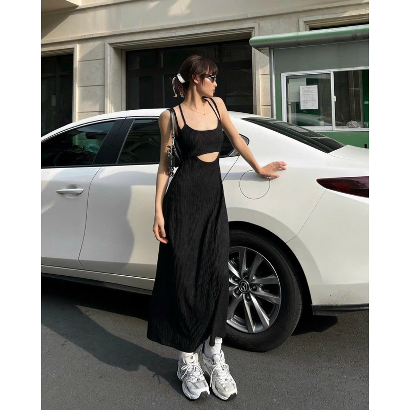 Đầm Body Hai Dây Hở Bụng TIBU Váy Nữ Khoét Eo Dáng Dài Chất Xốp Mịn Co Dãn Lạ Mắt