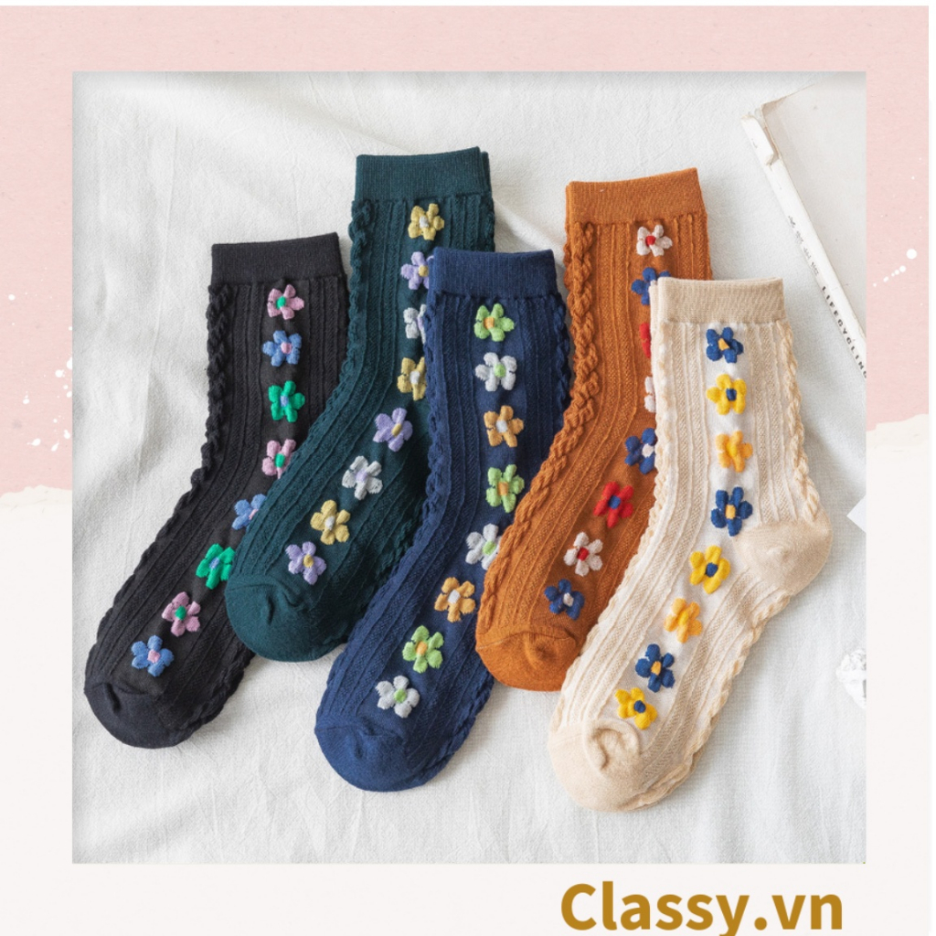 Tất cổ cao Classy,  tất cổ ngắn màu trung trính, họa tiết hàng bông chạy dọc thân độc đáo G1431 - G1453