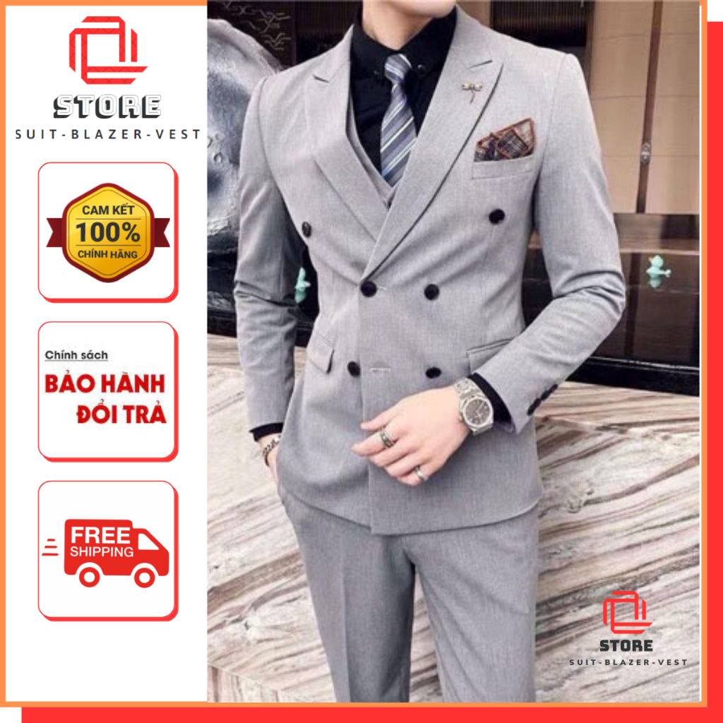 Bộ vest nam 6 cúc màu xám Sáng Hàn Quốc, hàng 2 lớp, quần âu áo vest form chuẩn cao cấp