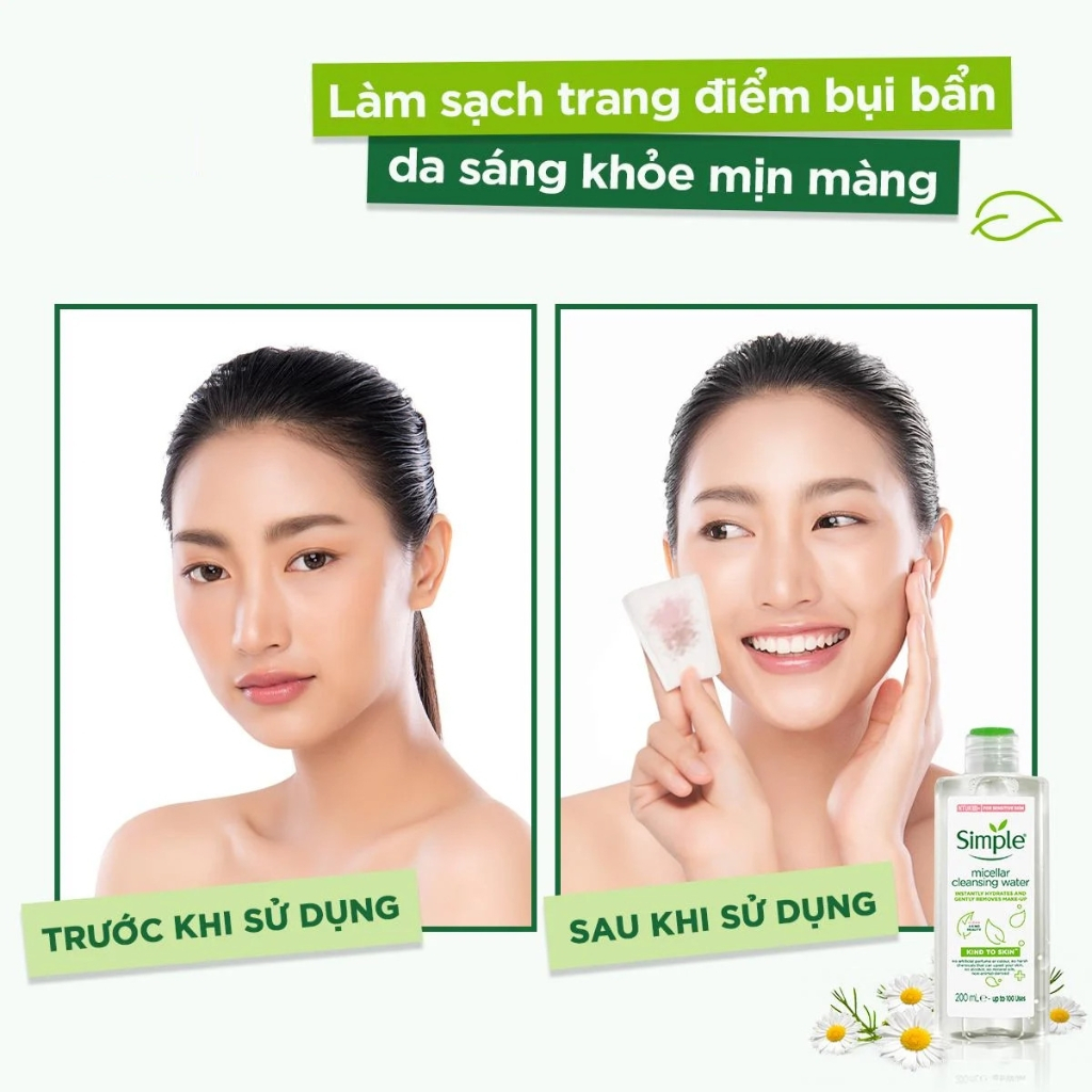 Nước Tẩy Trang Simple Micellar Cleansing Water 200 - 400ml làm sạch 99% trang điểm, cho da thoáng mịn