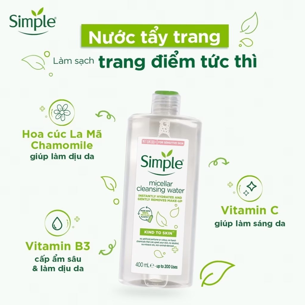 Nước Tẩy Trang Simple Micellar Cleansing Water 200 - 400ml làm sạch 99% trang điểm, cho da thoáng mịn