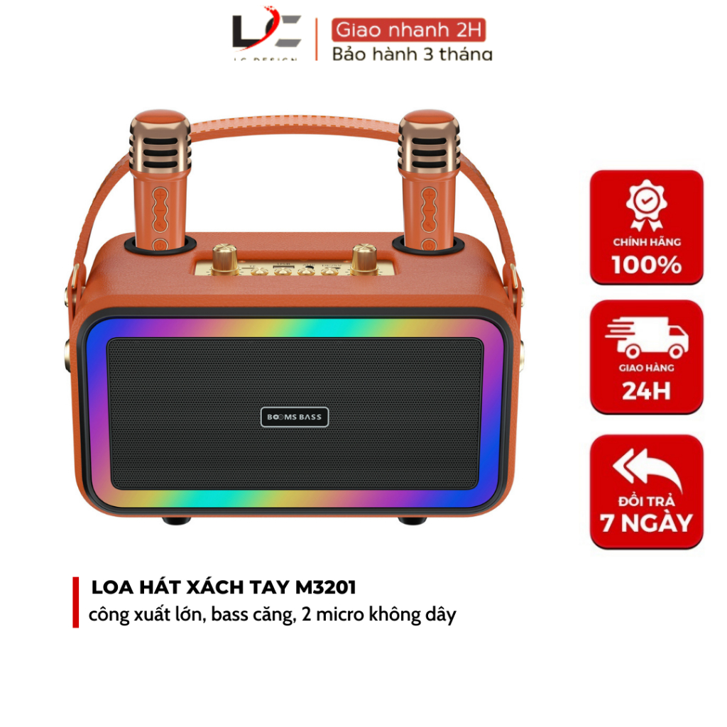 Loa Bluetooth Karaoke M3201 không dây công suất lớn kèm 2 mic không dây Led rgb nháy theo nhạc - LC DESIGN