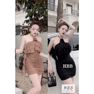 ĐẦM BODY CỔ YẾM ĐÍNH HOA TUA RUA TẦNG DÁNG NGẮN SEXY