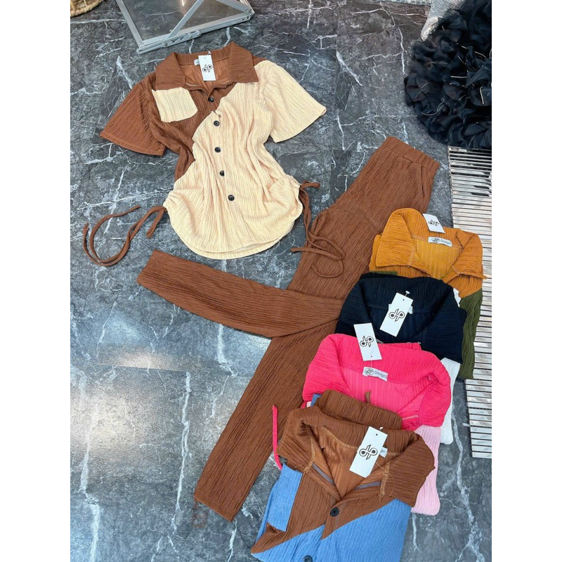 Set Bộ Thun Áo Polo Rút Xốp Nhún Tay Ngắn Túi Phối Màu Chéo + Quần Ống Ôm