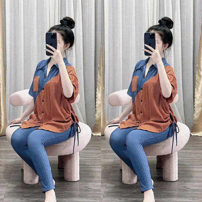 Set Bộ Thun Áo Polo Rút Xốp Nhún Tay Ngắn Túi Phối Màu Chéo + Quần Ống Ôm