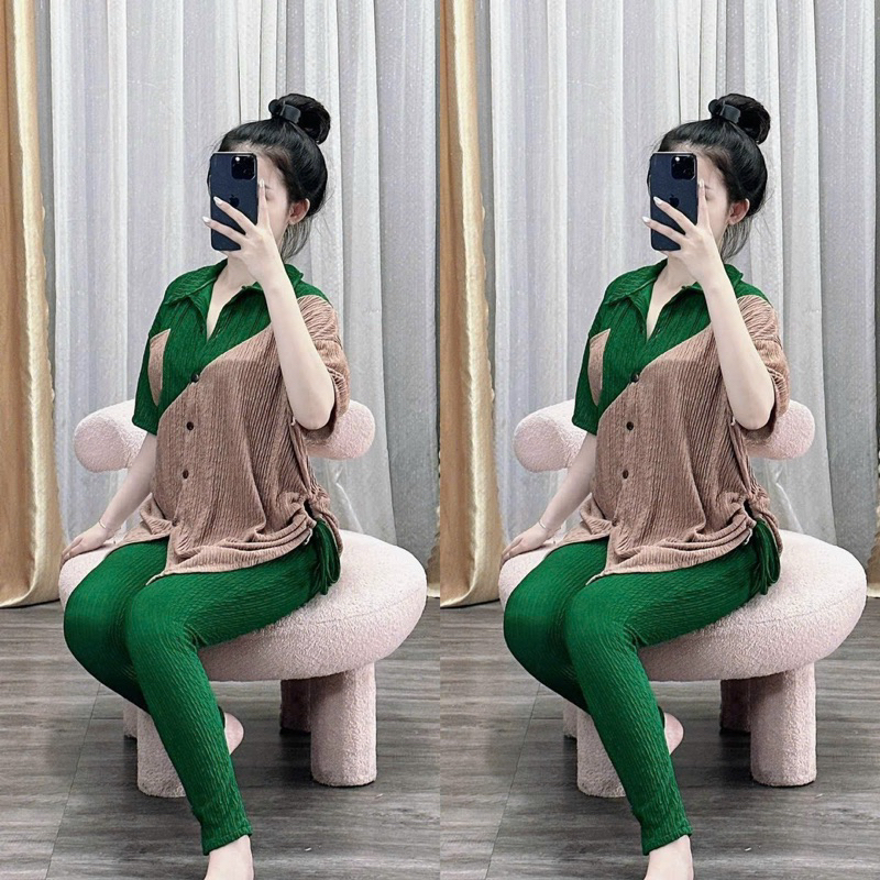 Set Bộ Thun Áo Polo Rút Xốp Nhún Tay Ngắn Túi Phối Màu Chéo + Quần Ống Ôm