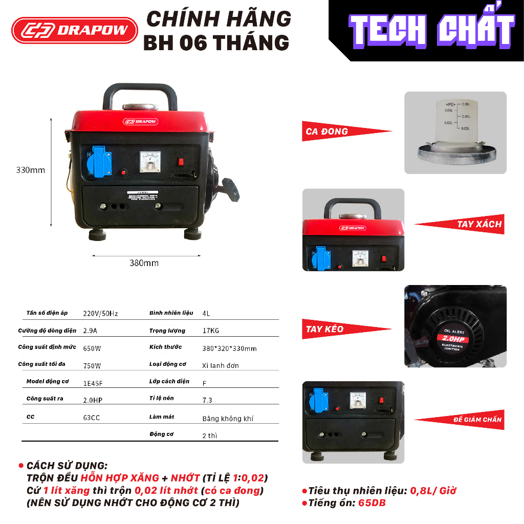 Máy phát điện du lịch 750W ít ồn Drapow PD01 chính hãng nhỏ gọn dễ dàng mang đi cắm trại