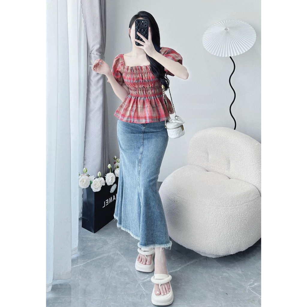 Áo sơ mi kiểu trễ vai dáng pelum cỡ lớn