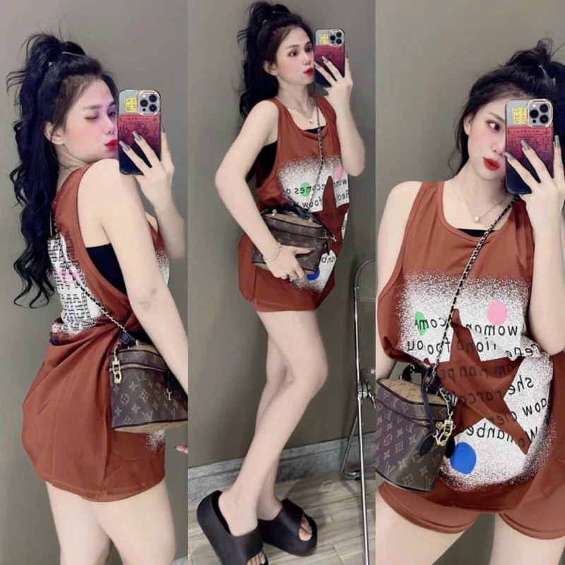Set Bộ 3 Món Áo Quây + Áo Phông Rộng Sát Nách Hoạ Tiết Ngôi Sao + Quần Short Đùi
