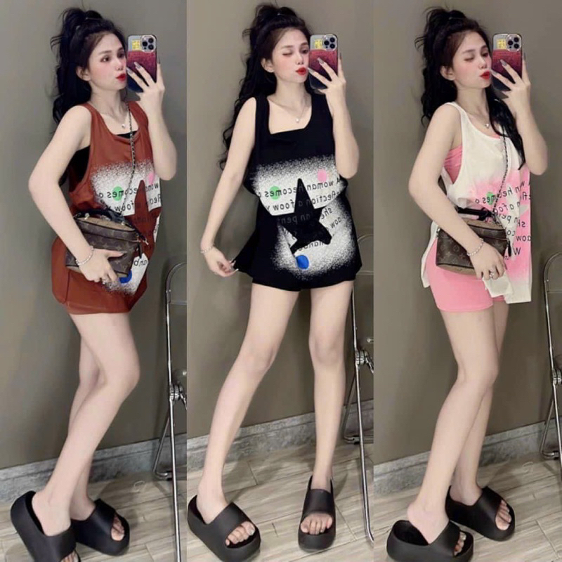 Set Bộ 3 Món Áo Quây + Áo Phông Rộng Sát Nách Hoạ Tiết Ngôi Sao + Quần Short Đùi