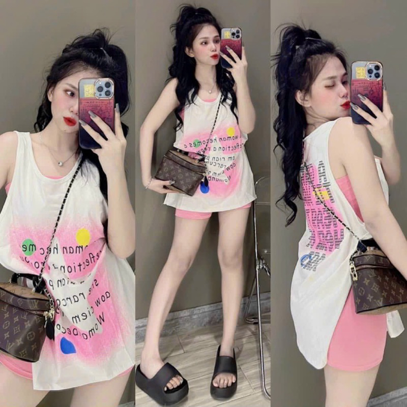 Set Bộ 3 Món Áo Quây + Áo Phông Rộng Sát Nách Hoạ Tiết Ngôi Sao + Quần Short Đùi
