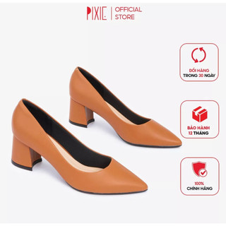 Giày Cao Gót Pixie  Đế Vuông 5cm Mũi Nhọn Basic Màu ĐenP055