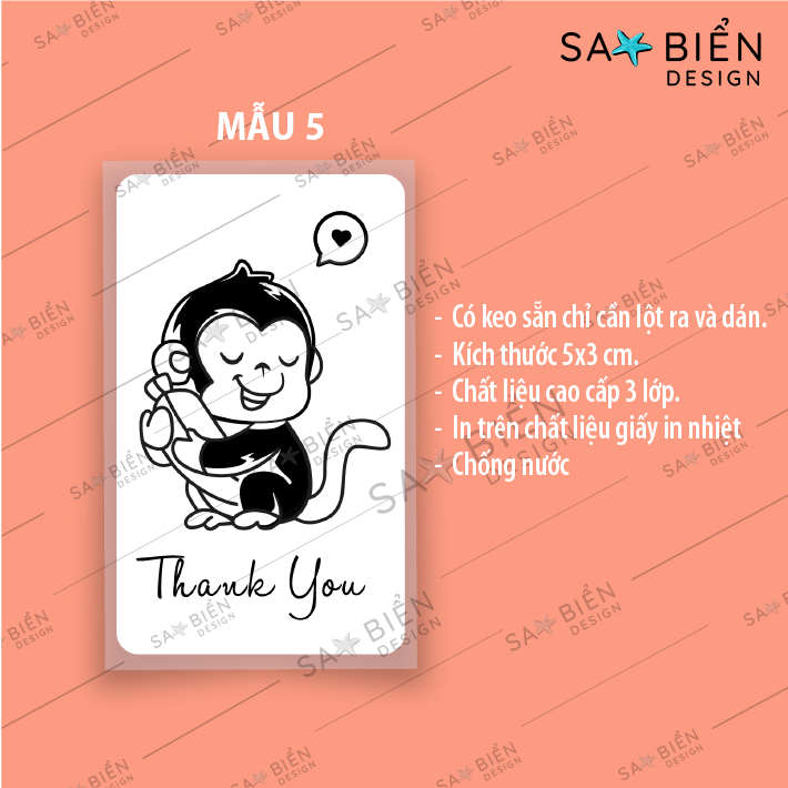 Set 50/100/200 Tem/Sticker dán mini trang trí niêm phong gói hàng, có keo sẵn. HÌNH KHỈ CUTE. KT 50x30mm.