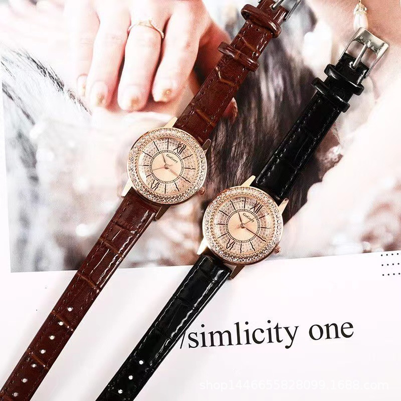 Đồng hồ nữ GOGEY02  dây da mặt tròn đính đá full viền sang trọng