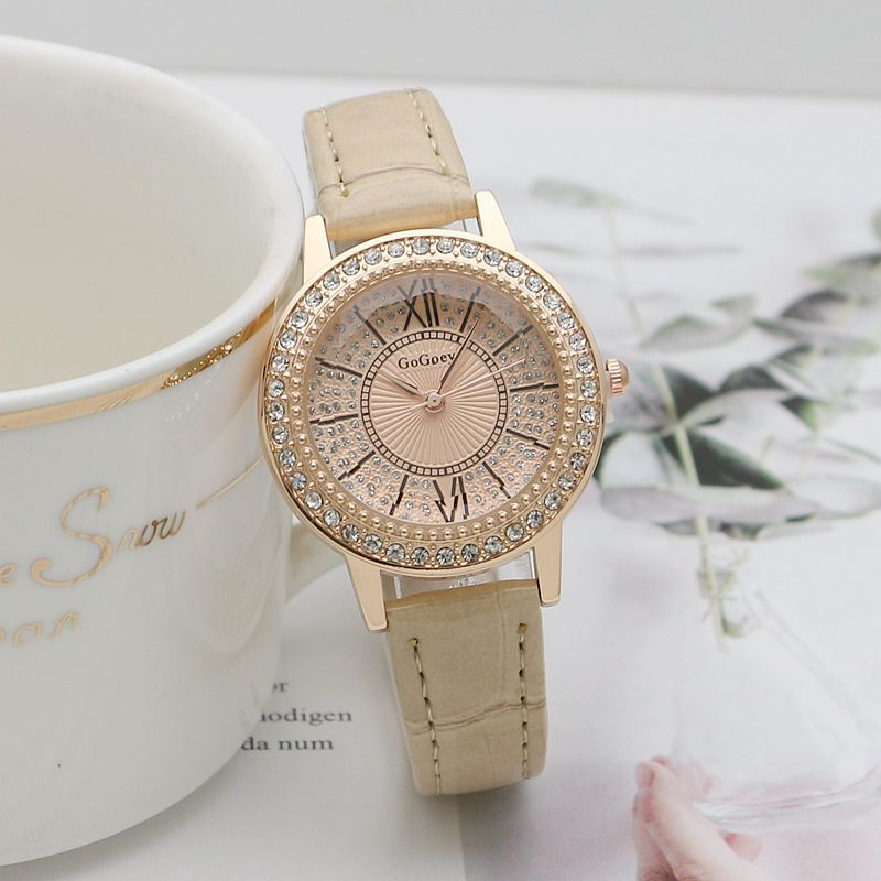 Đồng hồ nữ GOGEY02  dây da mặt tròn đính đá full viền sang trọng
