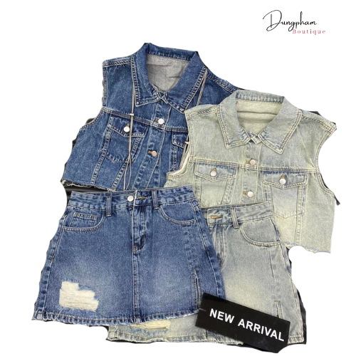 Set bộ bò denim nữ Áo gile rách gấu túi nắp phối chân váy A rách xẻ ngắn - Anna.Store