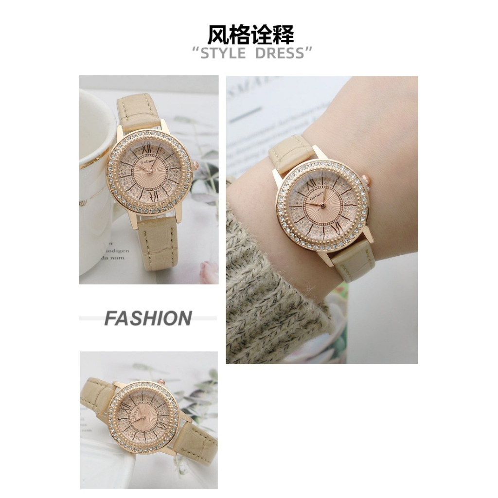 Đồng hồ nữ GOGEY02  dây da mặt tròn đính đá full viền sang trọng