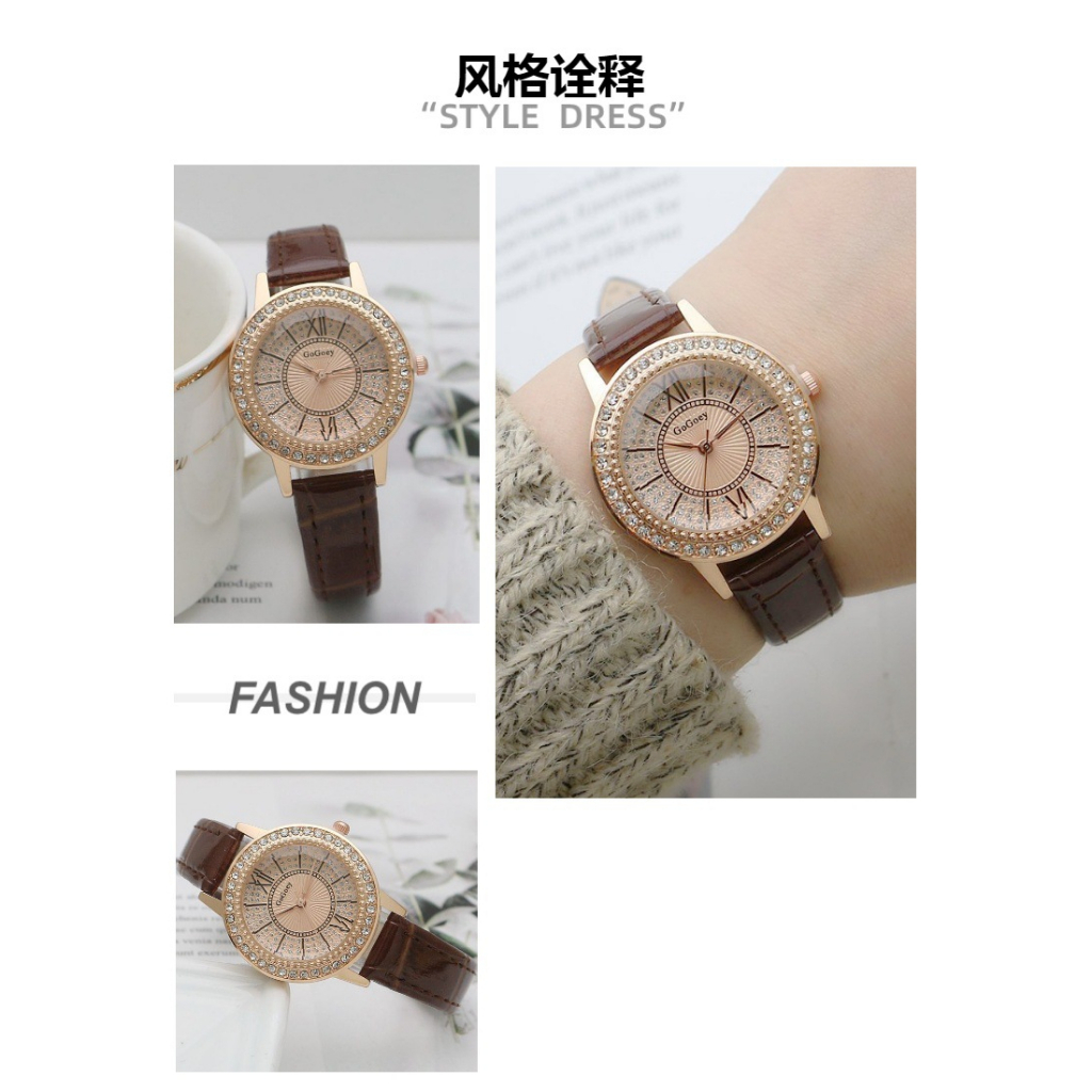 Đồng hồ nữ GOGEY02  dây da mặt tròn đính đá full viền sang trọng